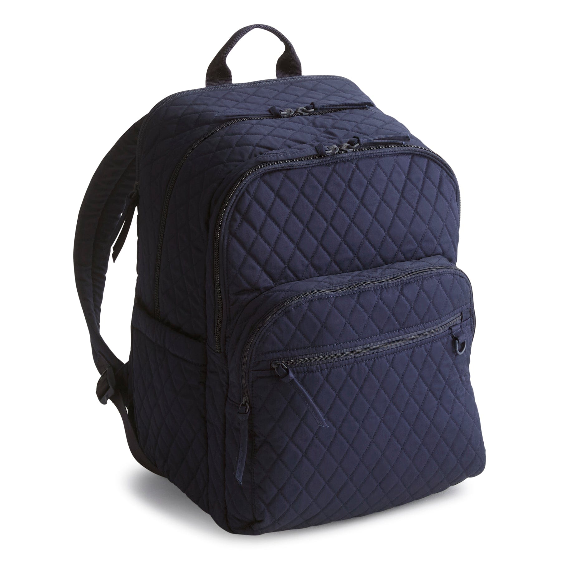 Navy blue quilted backpack on a white background