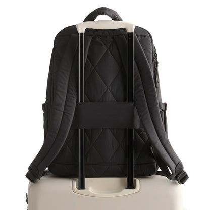 Black backpack with quilted design on a white background